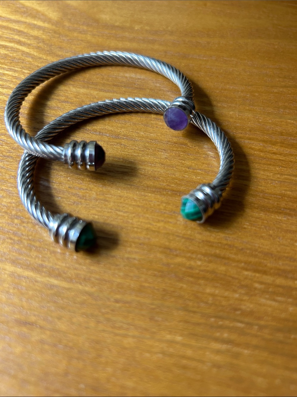Sterling-Tone staTwisted Cable Open Cuff Bracelet with Purple and Green Stone